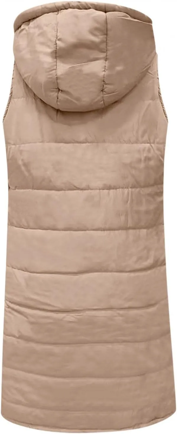 WABEOR Womens Long Puffer Vest Jacket Hooded Quilted Sleeveless Down Coats Winter Thickened Warm Zip Up Outwear Windbreakers