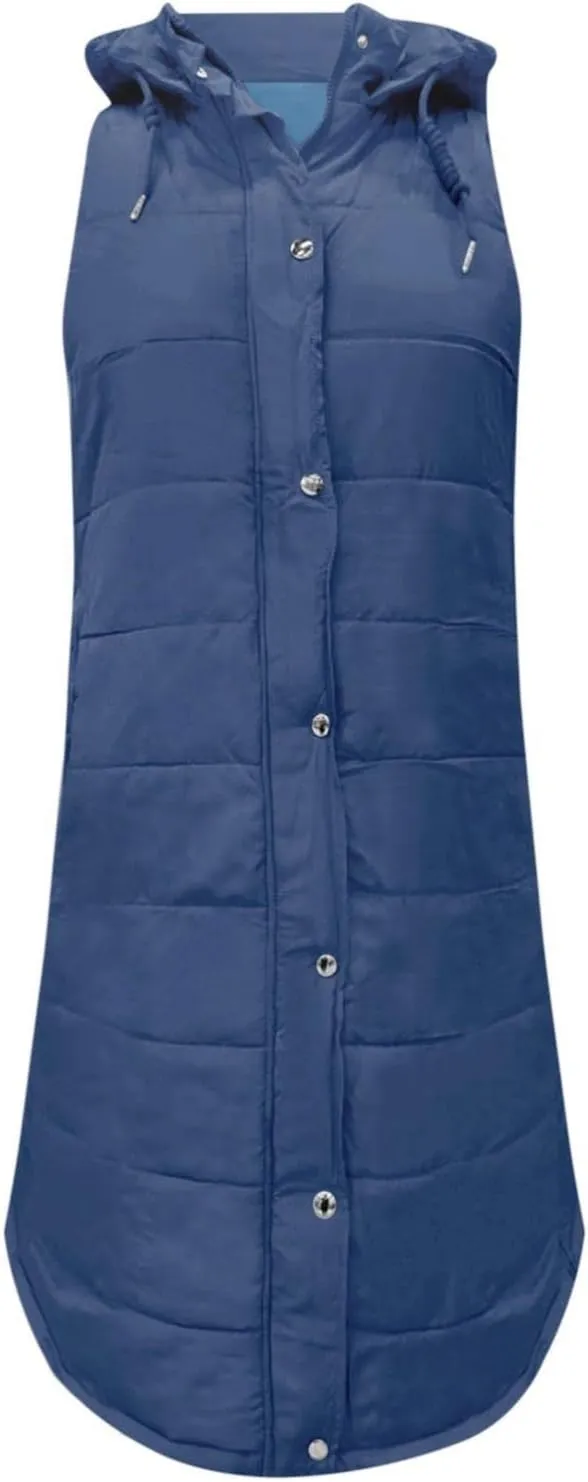 WABEOR Womens Long Puffer Vest Jacket Hooded Quilted Sleeveless Down Coats Winter Thickened Warm Zip Up Outwear Windbreakers