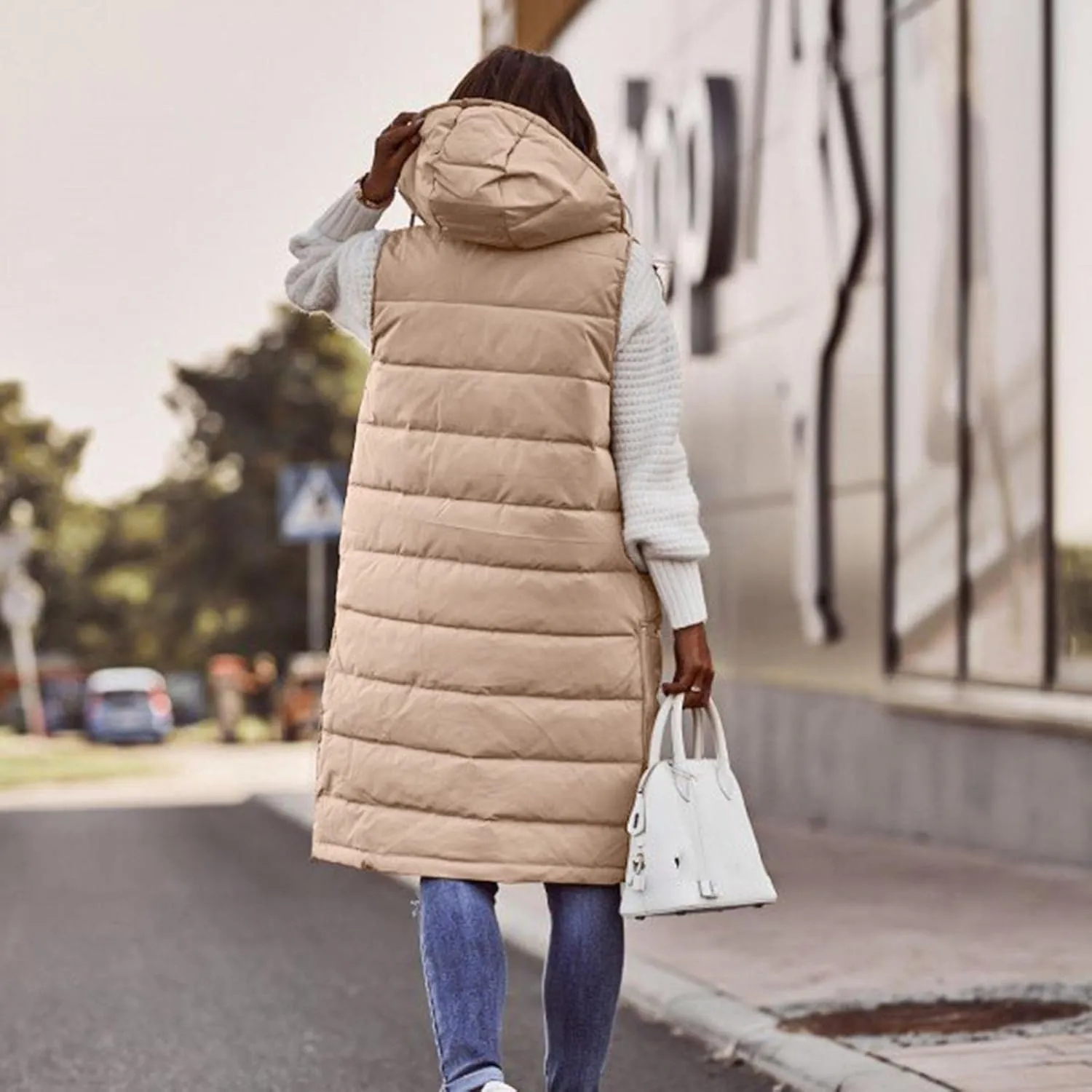WABEOR Womens Long Puffer Vest Jacket Hooded Quilted Sleeveless Down Coats Winter Thickened Warm Zip Up Outwear Windbreakers