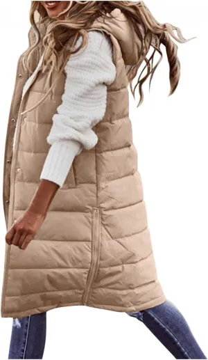 WABEOR Womens Long Puffer Vest Jacket Hooded Quilted Sleeveless Down Coats Winter Thickened Warm Zip Up Outwear Windbreakers