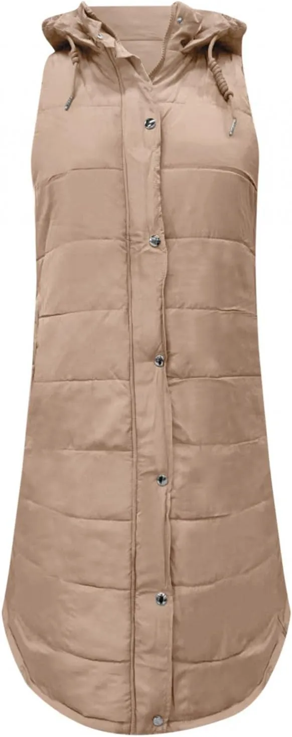 WABEOR Womens Long Puffer Vest Jacket Hooded Quilted Sleeveless Down Coats Winter Thickened Warm Zip Up Outwear Windbreakers