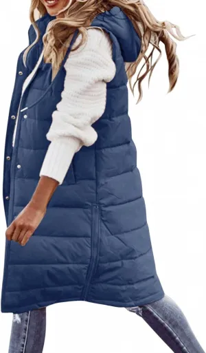 WABEOR Womens Long Puffer Vest Jacket Hooded Quilted Sleeveless Down Coats Winter Thickened Warm Zip Up Outwear Windbreakers