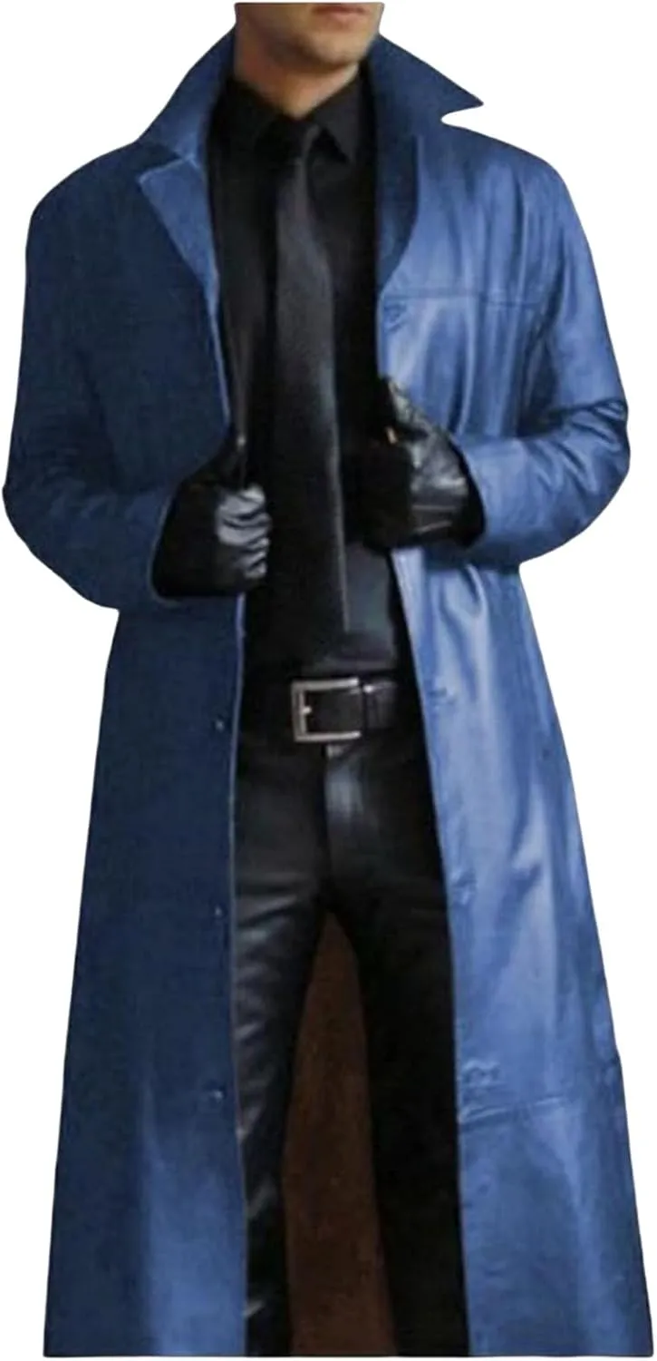 Wankang Mens Leather Trench Coat Full Length Classic Black Faux Leather Long Coat Steampunk Military Officer Uniform Overcoat
