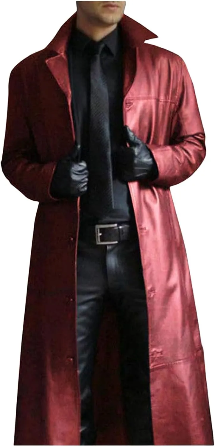 Wankang Mens Leather Trench Coat Full Length Classic Black Faux Leather Long Coat Steampunk Military Officer Uniform Overcoat