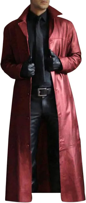 Wankang Mens Leather Trench Coat Full Length Classic Black Faux Leather Long Coat Steampunk Military Officer Uniform Overcoat