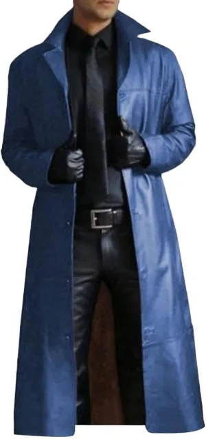 Wankang Mens Leather Trench Coat Full Length Classic Black Faux Leather Long Coat Steampunk Military Officer Uniform Overcoat