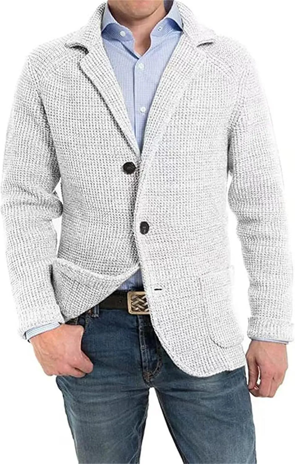 Wankang Men's Shawl Collar Cardigan Sweater Button Down Knitwear Cable Knit Button Down Winter Chunky Sweater with Pockets
