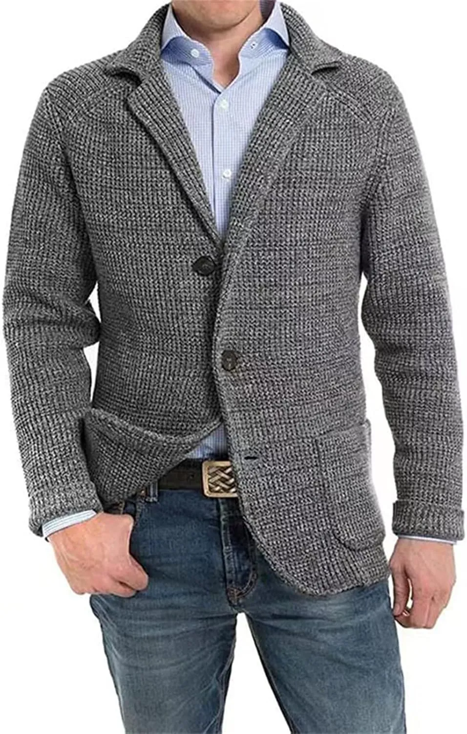 Wankang Men's Shawl Collar Cardigan Sweater Button Down Knitwear Cable Knit Button Down Winter Chunky Sweater with Pockets