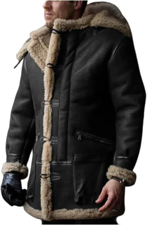 Wankang Mens Shearling Sheepskin Leather Warm Duffle Trench Coat Faux Fur Sherpa Lined Leather Jacket Winter Coat for Men
