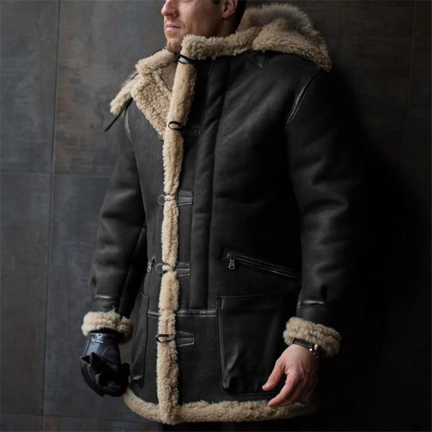 Wankang Mens Shearling Sheepskin Leather Warm Duffle Trench Coat Faux Fur Sherpa Lined Leather Jacket Winter Coat for Men