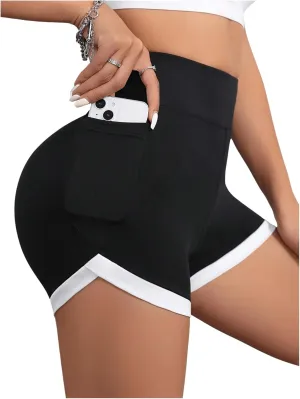 WDIRARA Women's High Waisted Yoga Shorts Contrast Binding Athletic Workout Running Shorts with Pocket