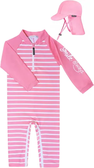 weVSwe Baby Swimsuit Girl Rash Guards Sun Protection Infant Long Slevee Bathing Suit Quick Dry with Sun Hat 0-3 Years