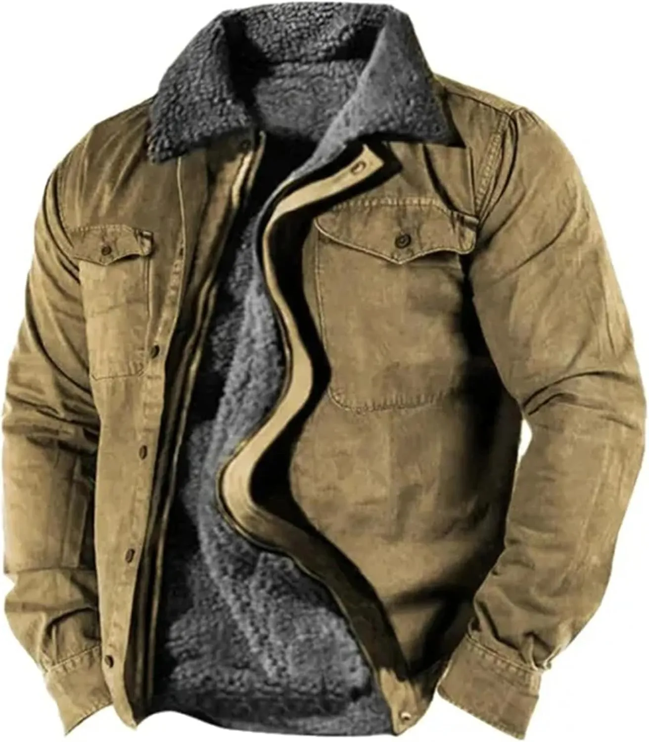 Winter Cargo Jacket Zip Front Fleece Lined Military Jacket Warm Sherpa Lined Coat Lapel Trucker Work Coat Outwear
