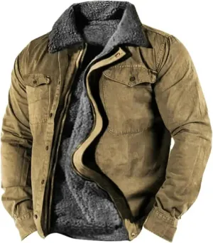 Winter Cargo Jacket Zip Front Fleece Lined Military Jacket Warm Sherpa Lined Coat Lapel Trucker Work Coat Outwear