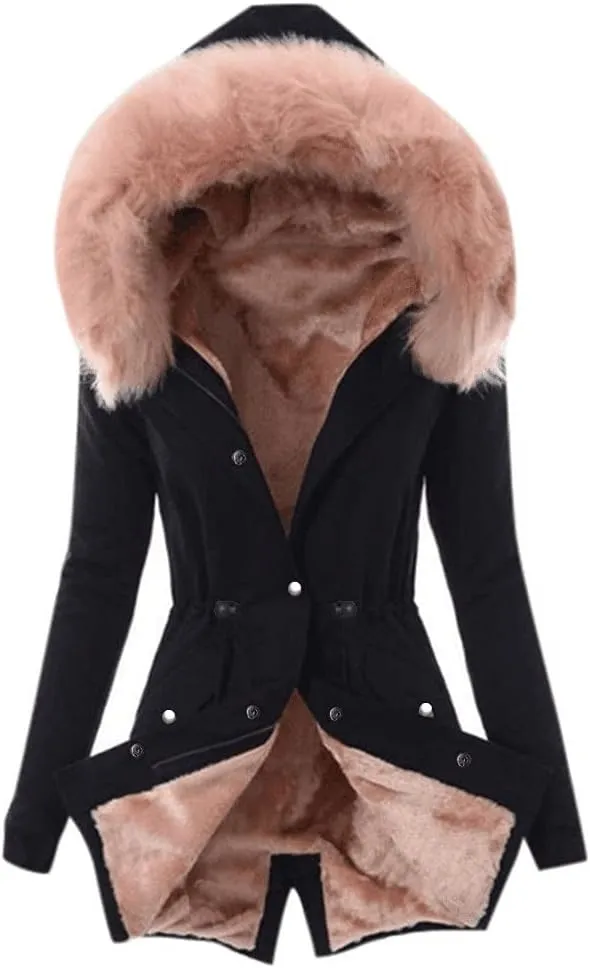 Women Faux Fur Hooded Parka Coats Winter Fleece Sherpa Lined Mid Length Jacket Winter Outwear Windproof Warm Jackets