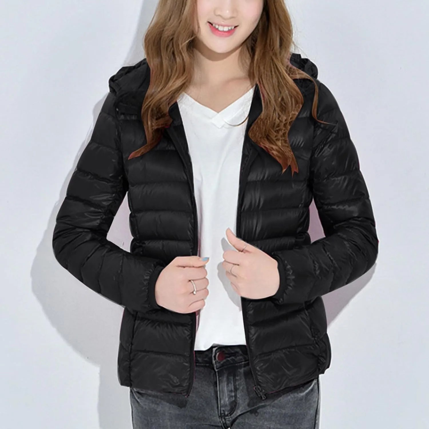 Women Lightweight Down Puffer Jacket with Hood Zip Up Long Sleeve Winter Warm Coat Thermal Puffer Jacket Outerwear