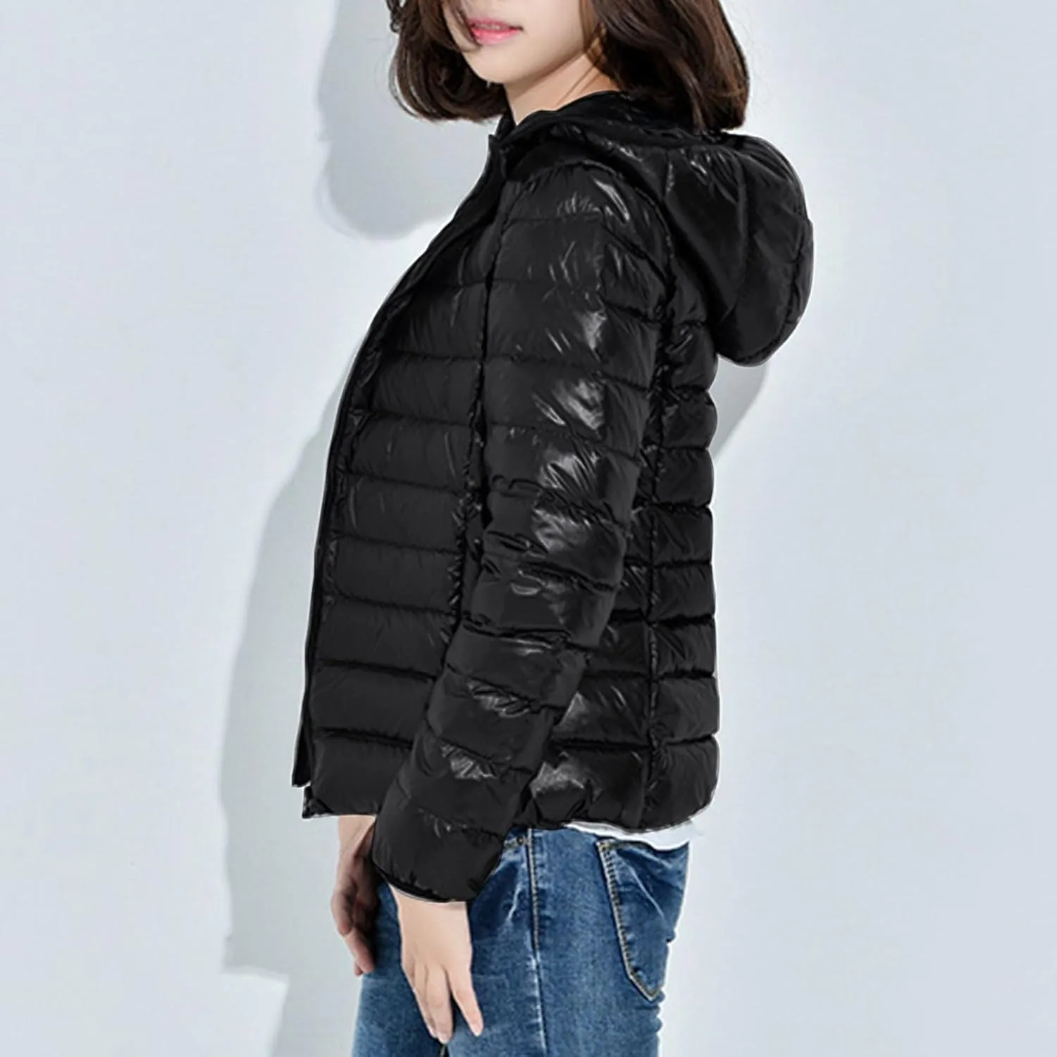 Women Lightweight Down Puffer Jacket with Hood Zip Up Long Sleeve Winter Warm Coat Thermal Puffer Jacket Outerwear
