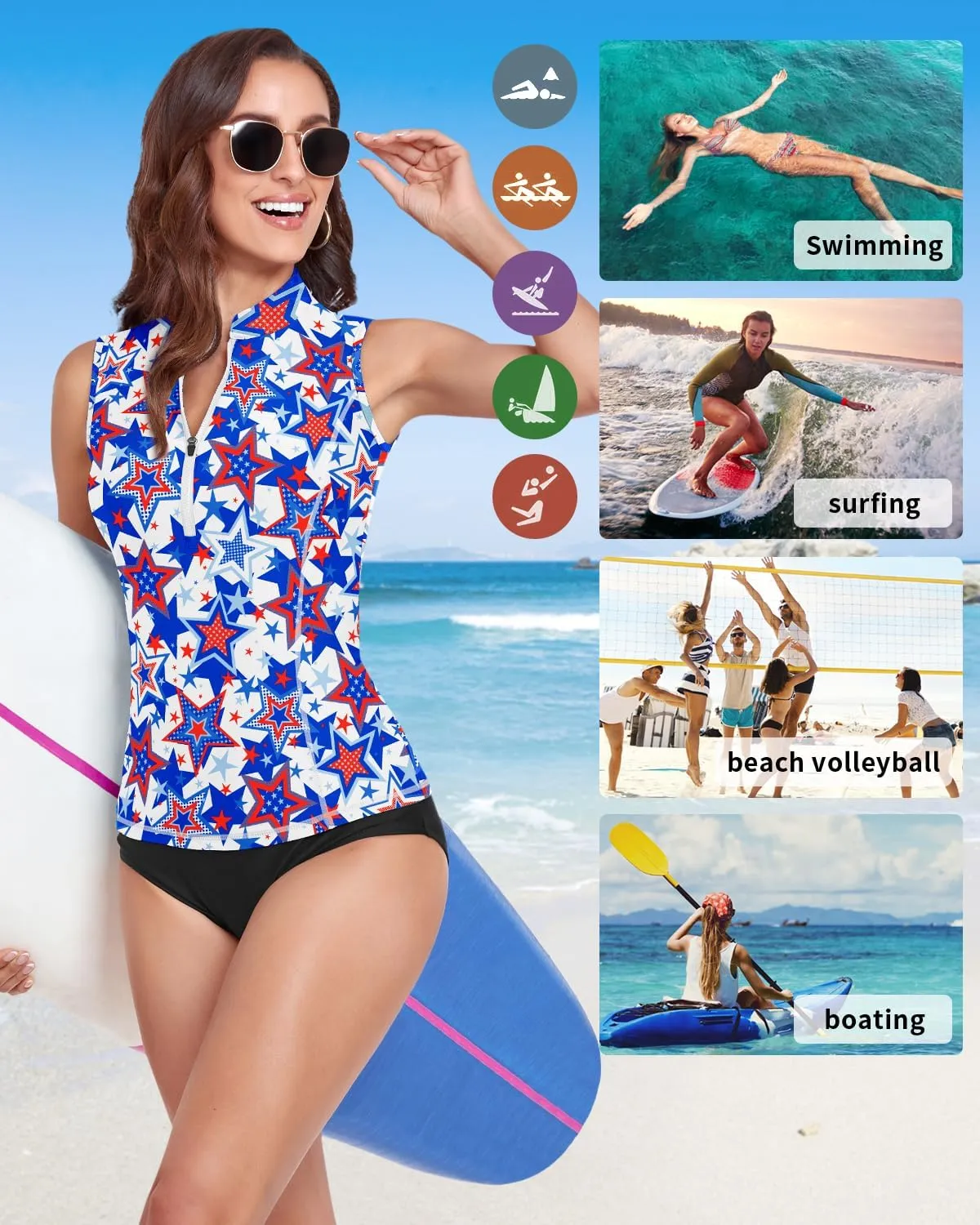 Women Rash Guard Tank Top Swim Shirts UV Sun Protection Surfing Swimsuits Top Zipper Bathing Suit Built in Bra No Bottoms