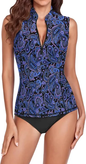 Women Rash Guard Tank Top Swim Shirts UV Sun Protection Surfing Swimsuits Top Zipper Bathing Suit Built in Bra No Bottoms