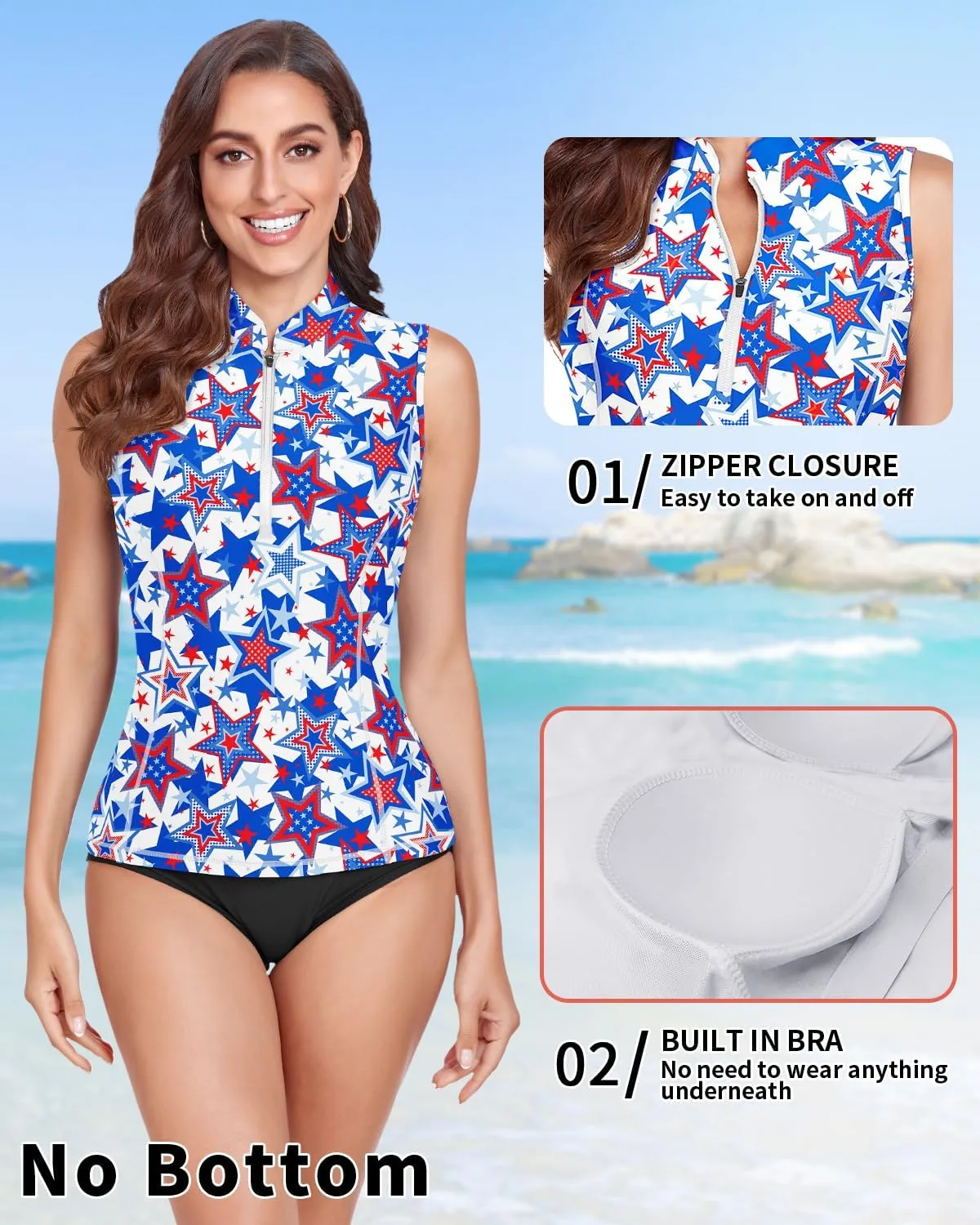 Women Rash Guard Tank Top Swim Shirts UV Sun Protection Surfing Swimsuits Top Zipper Bathing Suit Built in Bra No Bottoms