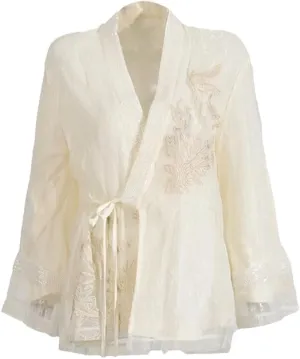 Women V Neck Long Sleeve Patchwork Embroidery Elegant Shirts Spliced Lace Up Blouse