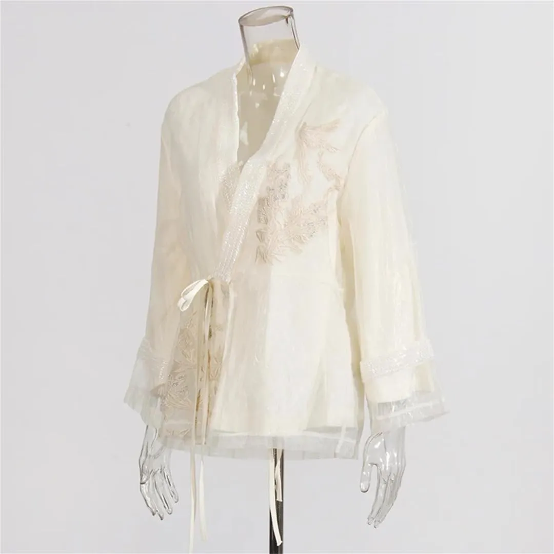 Women V Neck Long Sleeve Patchwork Embroidery Elegant Shirts Spliced Lace Up Blouse