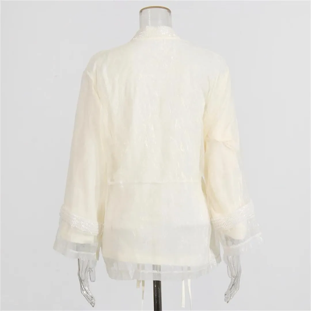 Women V Neck Long Sleeve Patchwork Embroidery Elegant Shirts Spliced Lace Up Blouse
