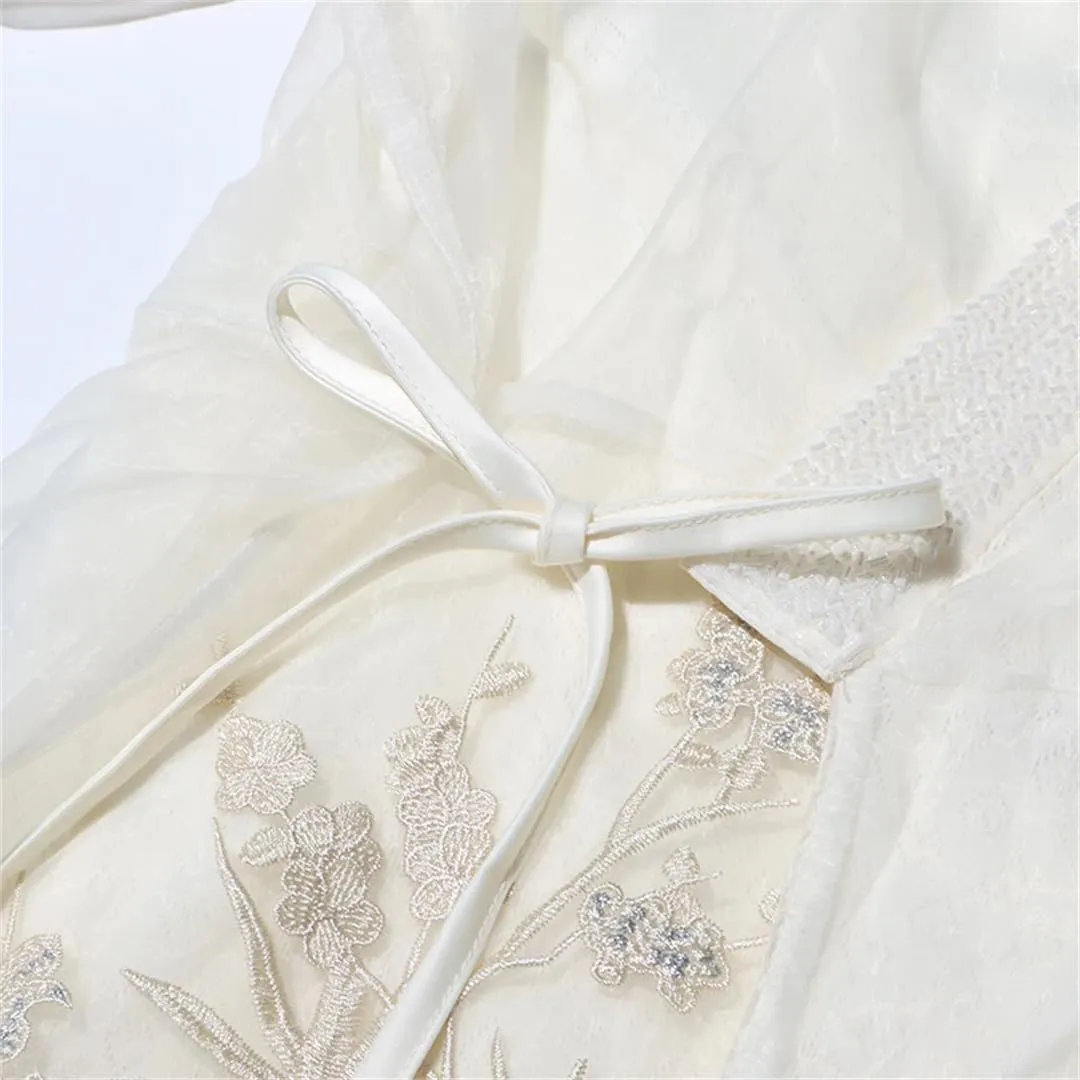 Women V Neck Long Sleeve Patchwork Embroidery Elegant Shirts Spliced Lace Up Blouse