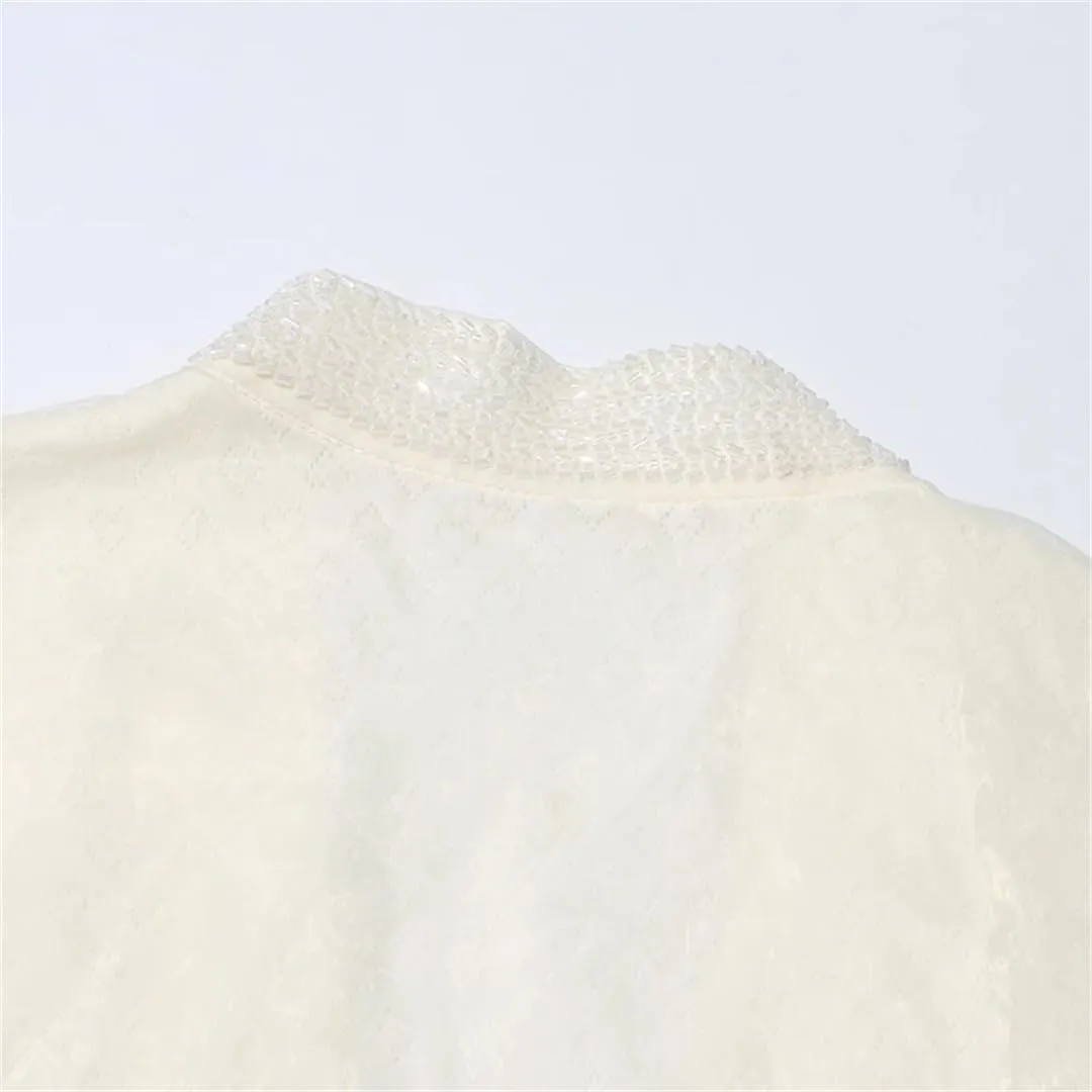 Women V Neck Long Sleeve Patchwork Embroidery Elegant Shirts Spliced Lace Up Blouse