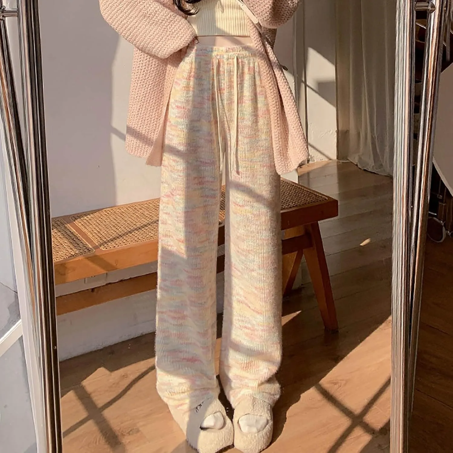 Womens 2024 Winter Lounge Pants Elastic High Waist Straight Leg Pant Casual Lazy Fleece Warm Pajamas Pants Drawstring