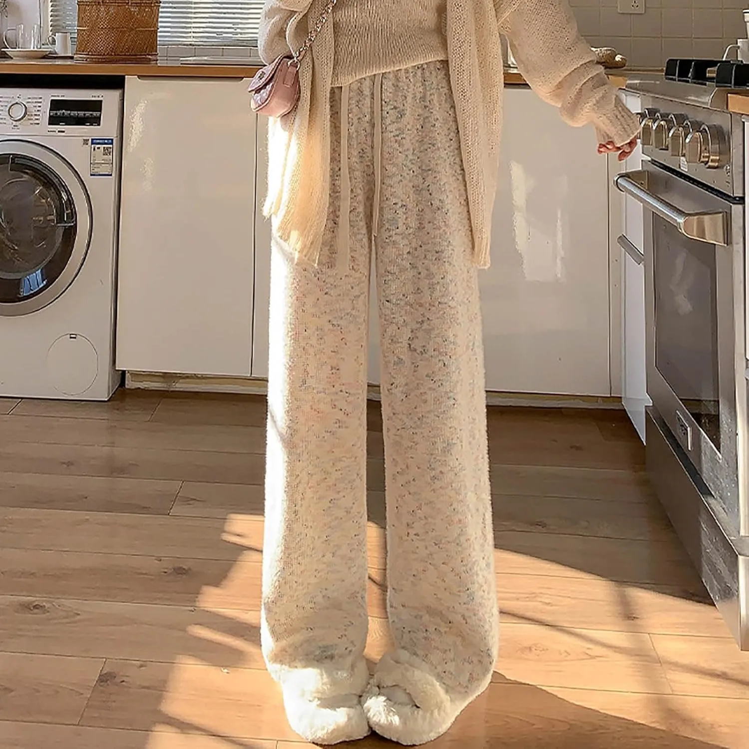 Womens 2024 Winter Lounge Pants Elastic High Waist Straight Leg Pant Casual Lazy Fleece Warm Pajamas Pants Drawstring