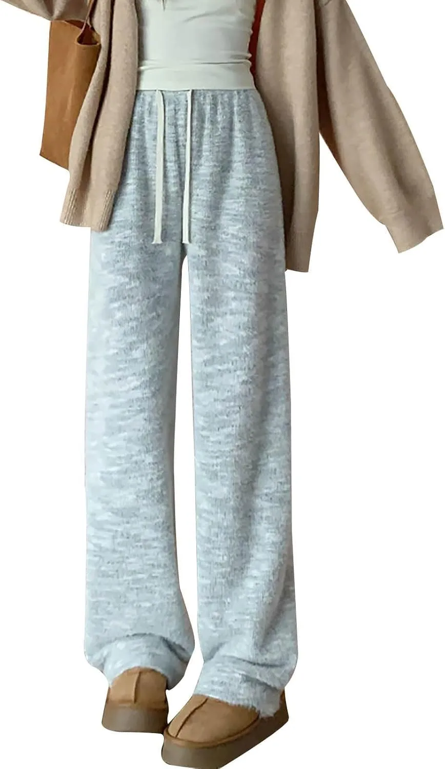 Womens 2024 Winter Lounge Pants Elastic High Waist Straight Leg Pant Casual Lazy Fleece Warm Pajamas Pants Drawstring