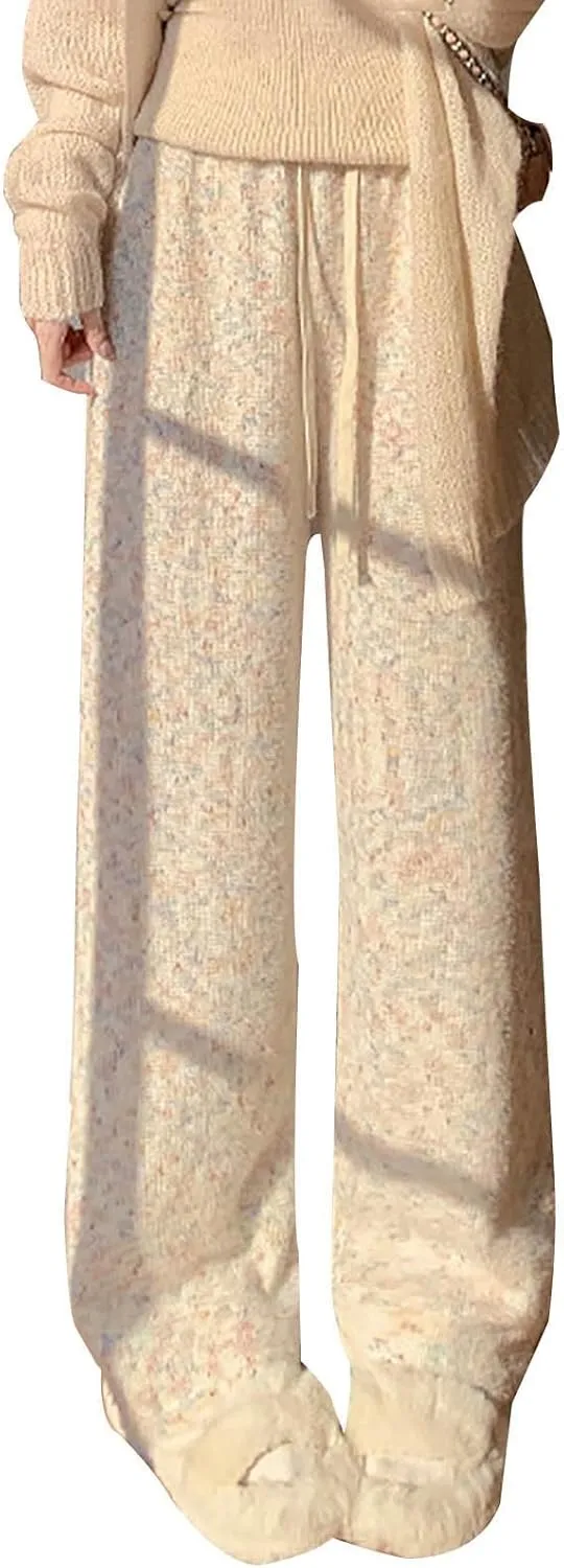 Womens 2024 Winter Lounge Pants Elastic High Waist Straight Leg Pant Casual Lazy Fleece Warm Pajamas Pants Drawstring