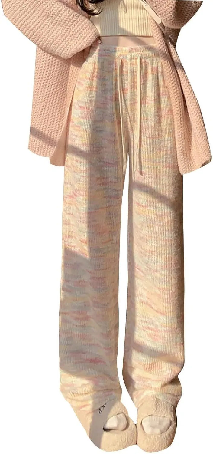 Womens 2024 Winter Lounge Pants Elastic High Waist Straight Leg Pant Casual Lazy Fleece Warm Pajamas Pants Drawstring