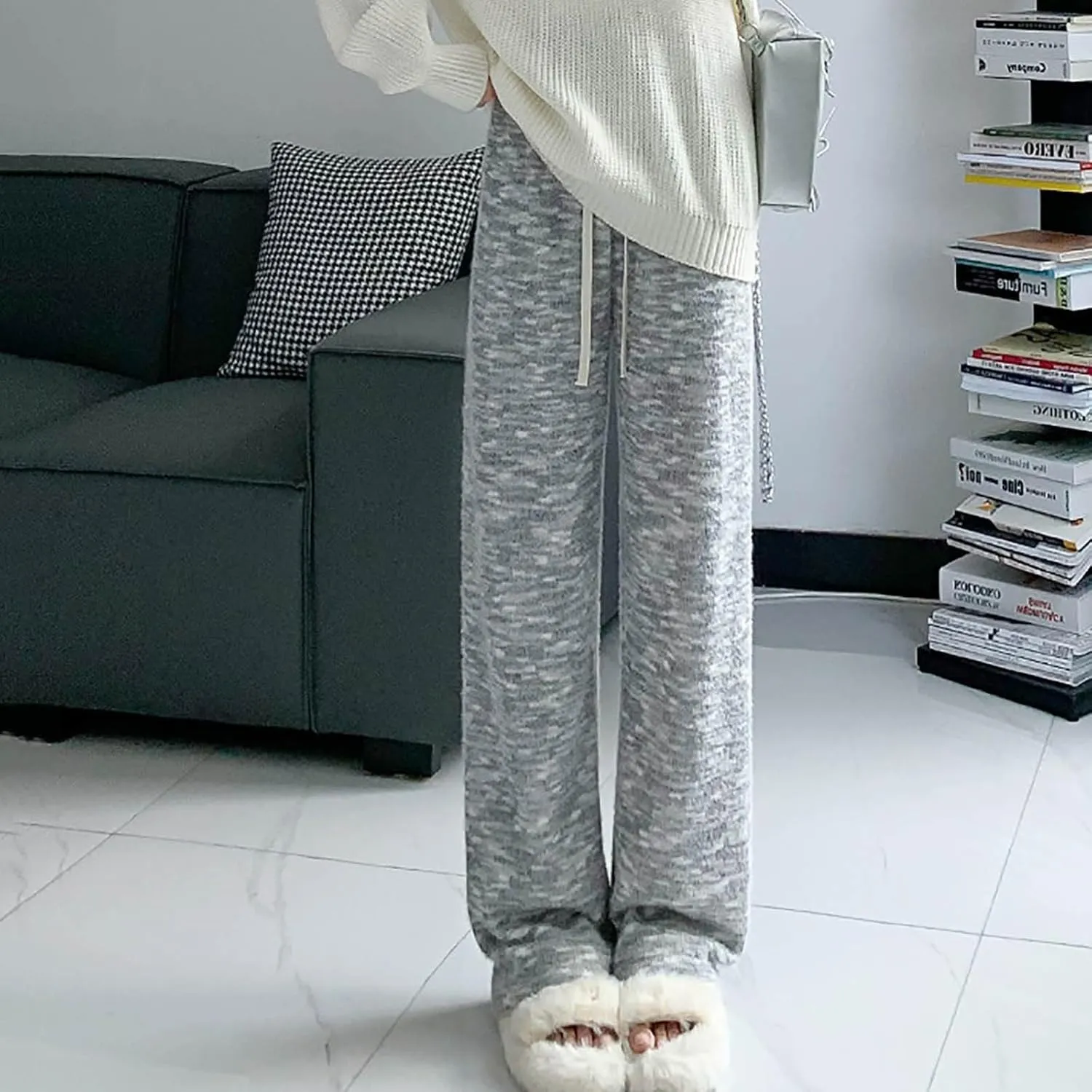 Womens 2024 Winter Lounge Pants Elastic High Waist Straight Leg Pant Casual Lazy Fleece Warm Pajamas Pants Drawstring