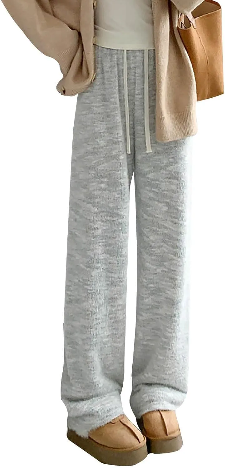 Womens 2024 Winter Lounge Pants Elastic High Waist Straight Leg Pant Casual Lazy Fleece Warm Pajamas Pants Drawstring
