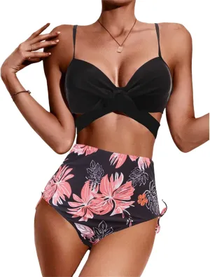 Women's 3 Piece Swimsuits Printed High Waist Triangle Bikini Bathing Suit Mesh Ruched Flowers Beach Cover Up Swimsuits