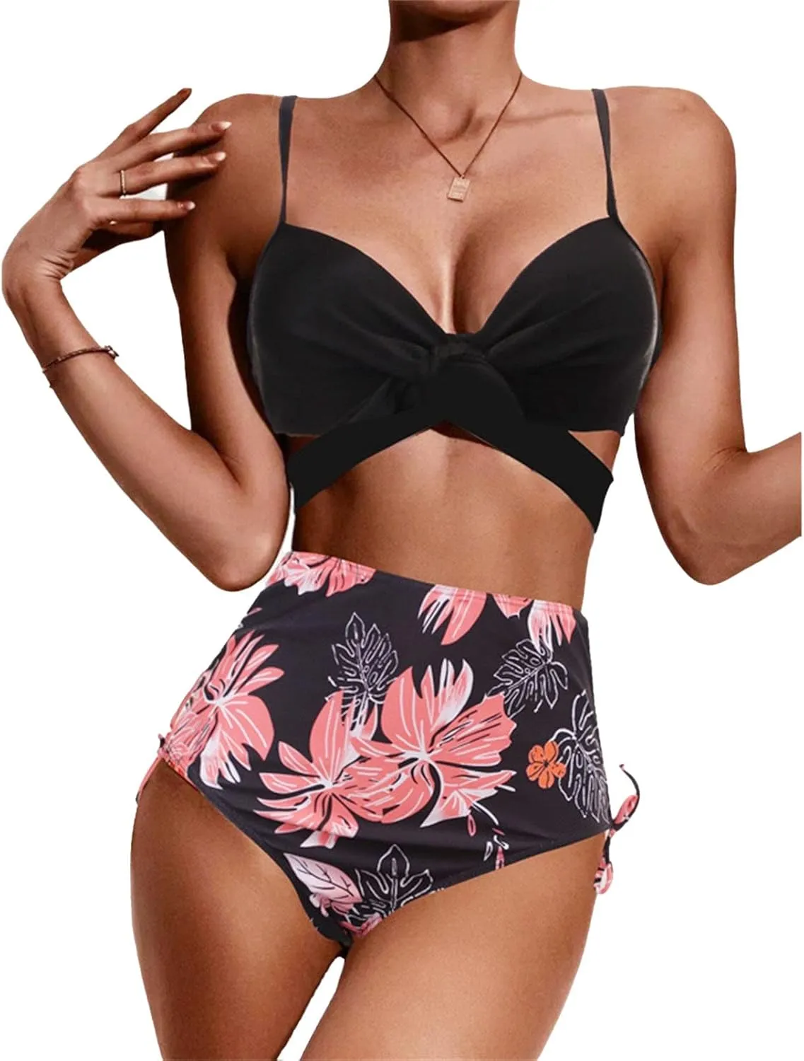 Women's 3 Piece Swimsuits Printed High Waist Triangle Bikini Bathing Suit Mesh Ruched Flowers Beach Cover Up Swimsuits