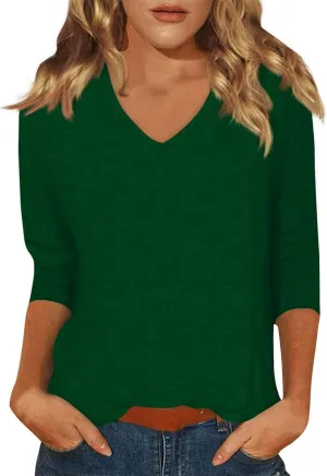 Womens 3/4 Sleeve Tops Casual V Neck T Shirts Loose Fit Three Quarter Length Cute Shirts Dressy Basic Work Blouse