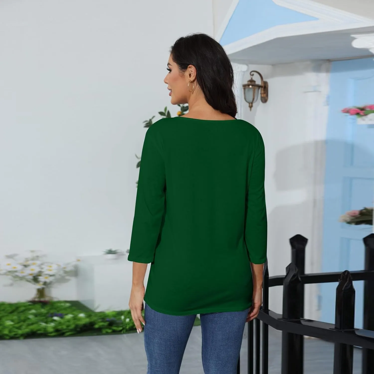 Womens 3/4 Sleeve Tops Casual V Neck T Shirts Loose Fit Three Quarter Length Cute Shirts Dressy Basic Work Blouse