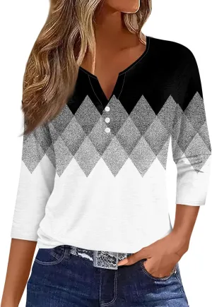 Womens 3/4 Sleeve Tops,Women's T-Shirts Dressy Button Down Tunic Tops Striped Blouses Henley V Neck Summer Cute Tees
