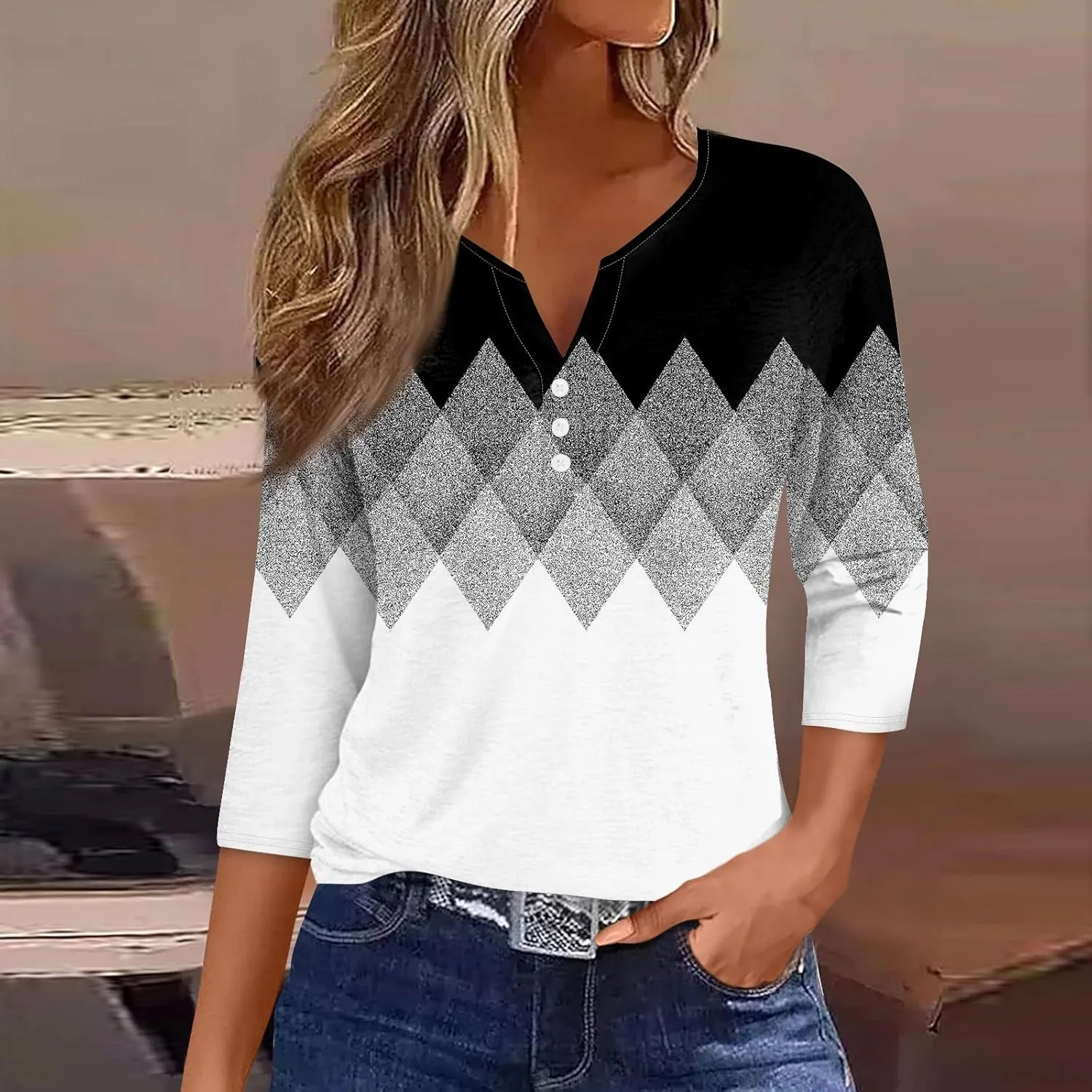 Womens 3/4 Sleeve Tops,Women's T-Shirts Dressy Button Down Tunic Tops Striped Blouses Henley V Neck Summer Cute Tees