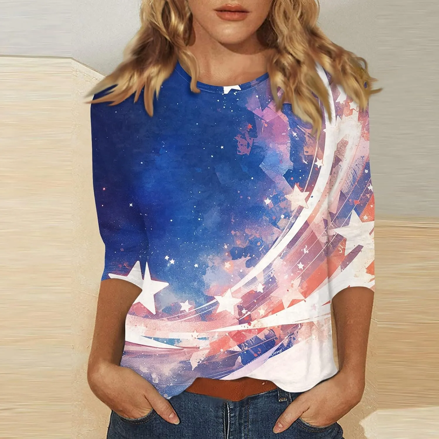 Womens 4th of July Plus Size 3/4 Sleeve Shirts Independence Day Patriotic Casual Tops USA Flag Stars Stripes Blouse