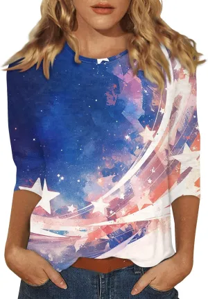 Womens 4th of July Plus Size 3/4 Sleeve Shirts Independence Day Patriotic Casual Tops USA Flag Stars Stripes Blouse
