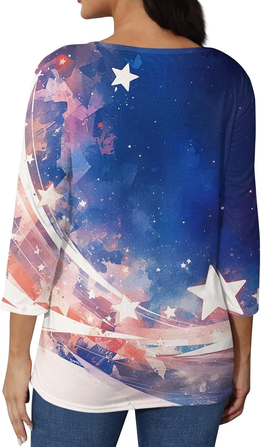 Womens 4th of July Plus Size 3/4 Sleeve Shirts Independence Day Patriotic Casual Tops USA Flag Stars Stripes Blouse