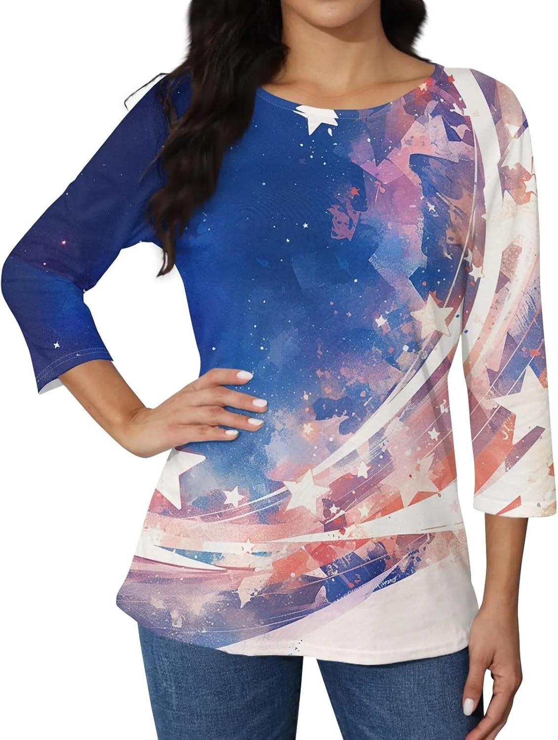 Womens 4th of July Plus Size 3/4 Sleeve Shirts Independence Day Patriotic Casual Tops USA Flag Stars Stripes Blouse