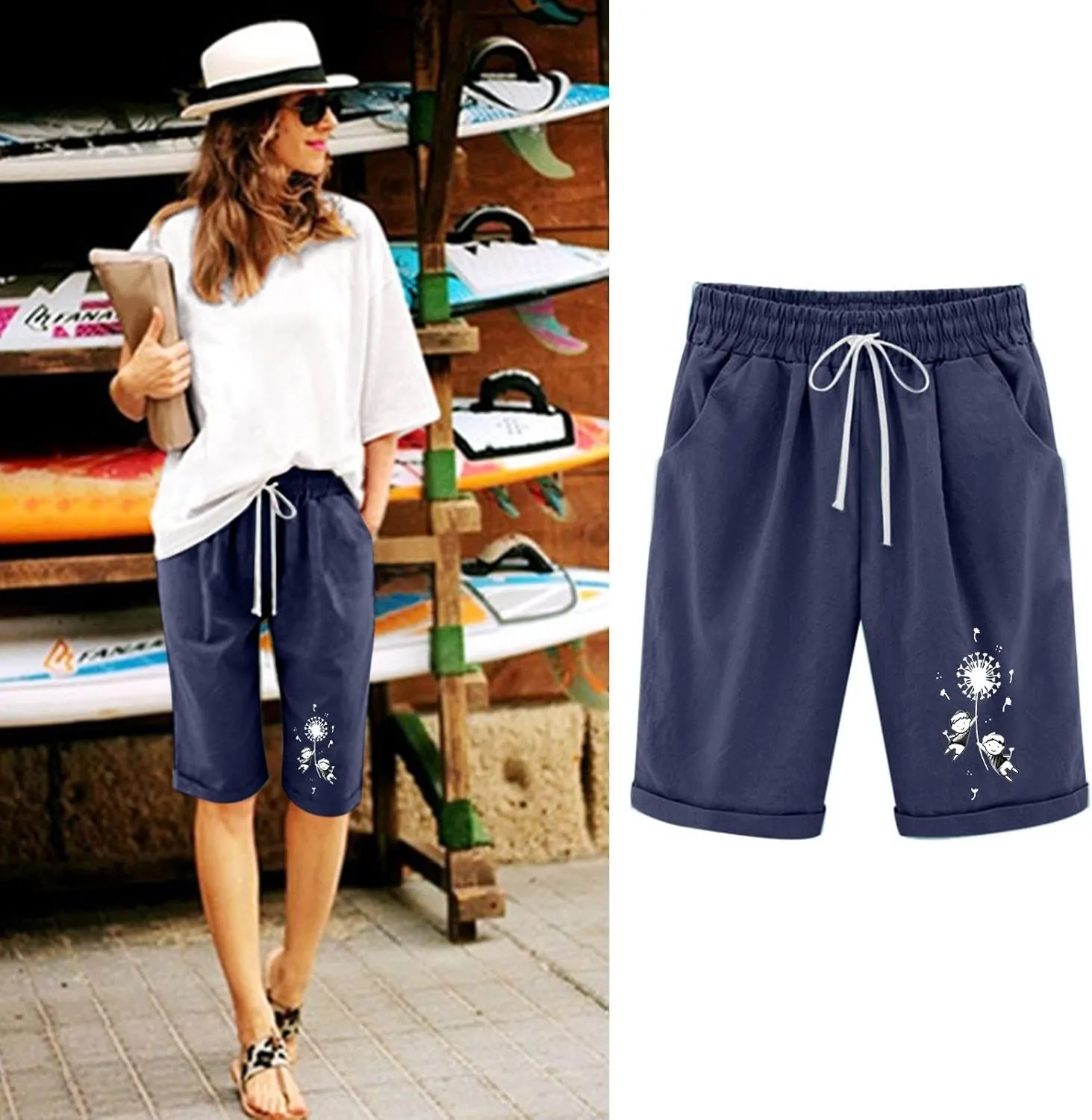 Womens 9 Inch Inseam Shorts Cotton High Elastic Waisted Pleated Ruffle Cute Shorts Beach Flowy Casual Shorts