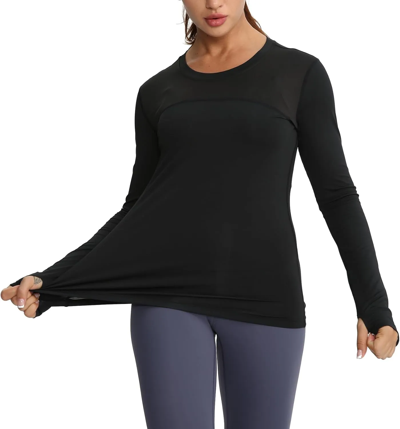 Women's Athletic Compression Shirts Summer Long Sleeve Sun Shirt Mesh Workout Base Layer Thumb Holes Yoga T Shirt Sports Tops