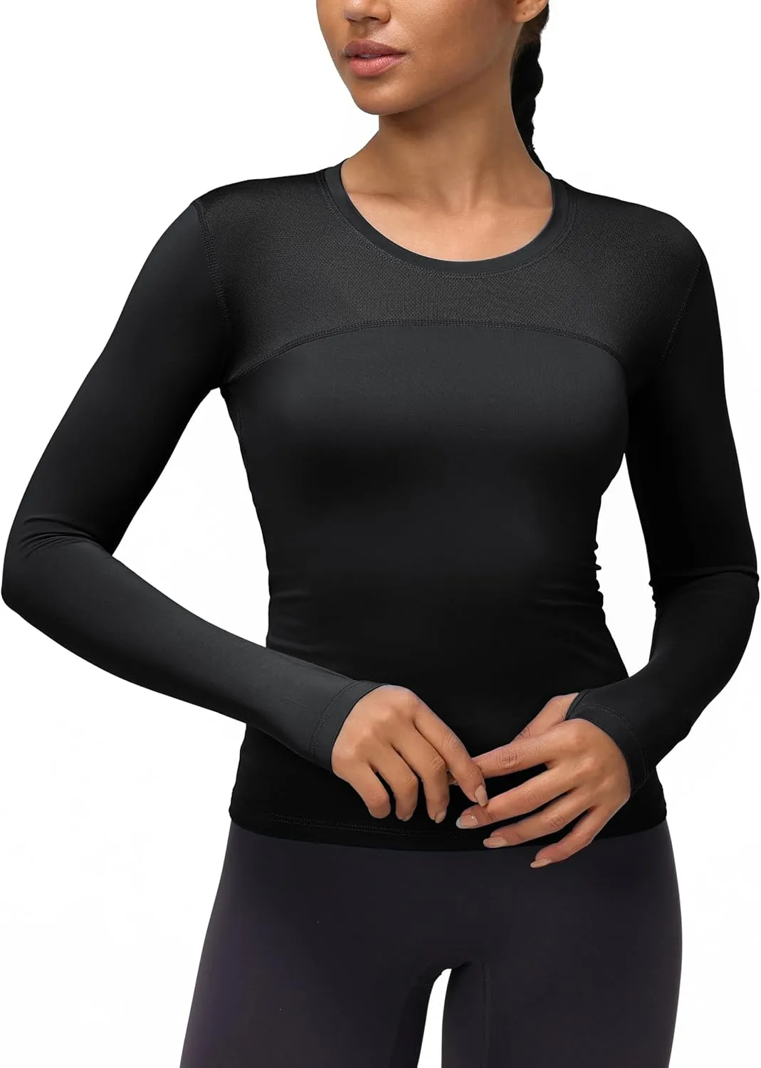 Women's Athletic Compression Shirts Summer Long Sleeve Sun Shirt Mesh Workout Base Layer Thumb Holes Yoga T Shirt Sports Tops
