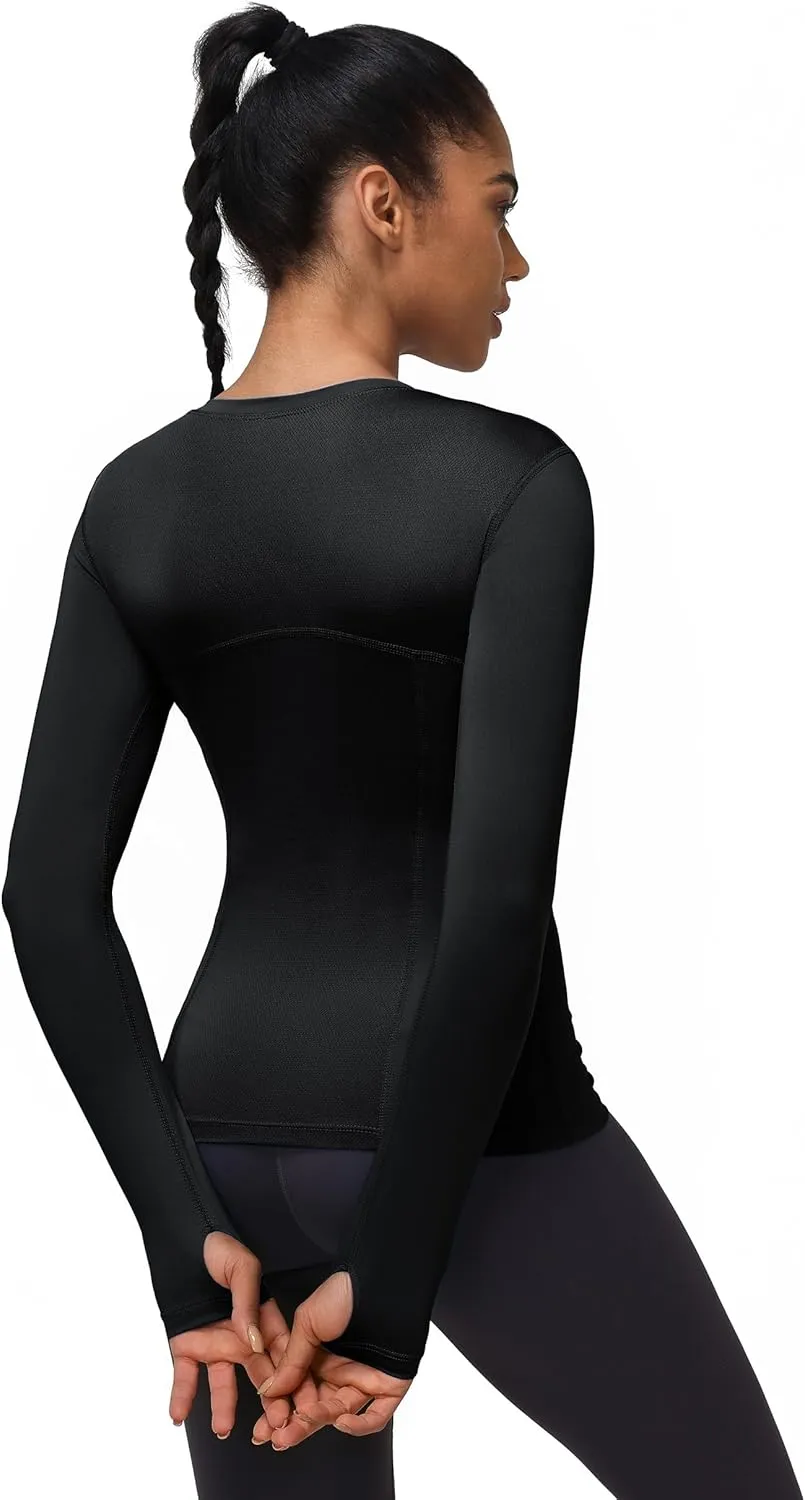 Women's Athletic Compression Shirts Summer Long Sleeve Sun Shirt Mesh Workout Base Layer Thumb Holes Yoga T Shirt Sports Tops